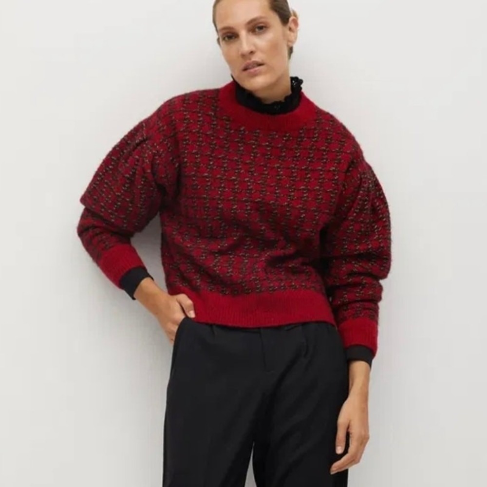 MNG Mango Houndstooth Wool Blend Knit Sweater Size S Red Black Metallic - Picture 2 of 13